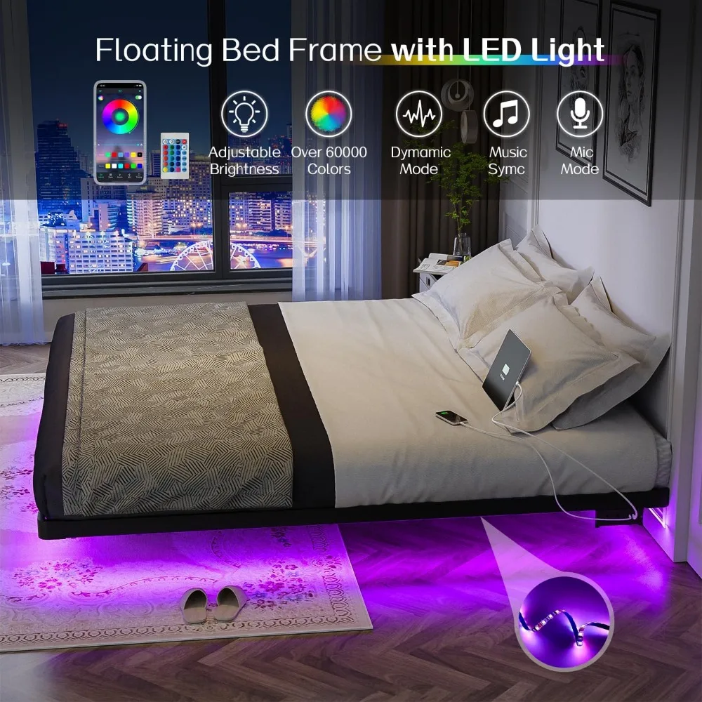 Bed Fram, King Size Floating Bed Frame, Metal Platform, with LED Light and Charging Station, No Box Spring Needed, Noise-Free 4