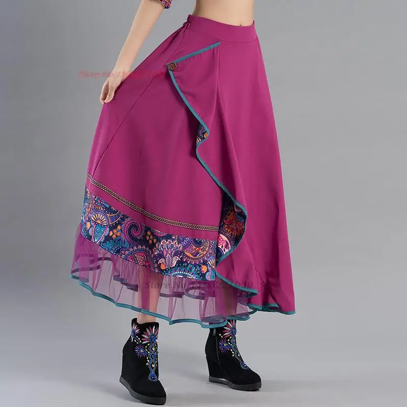 2024 chinese harajuku women long skirt flower print elastic waist ethnic skirt elegant folk dance suit national a-line skirt