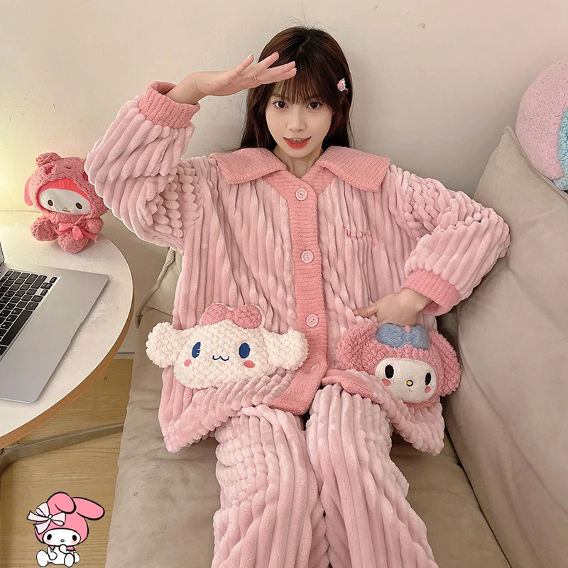 

Cartoon Sanrios My Melody Plush Sleepwear Winter Leisure Comfort Thickening Household Clothes Cinnamoroll Coral Velvet Pajamas