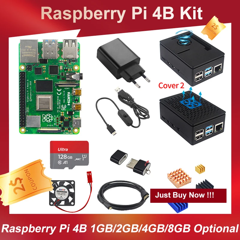 Raspberry Pi 4 8GB 4GB 2GB Kit + Power Adapter + ABS Case + 32G 64G 128G  Card + Reader + Heat Sink for Raspberry Pi 4 Model B