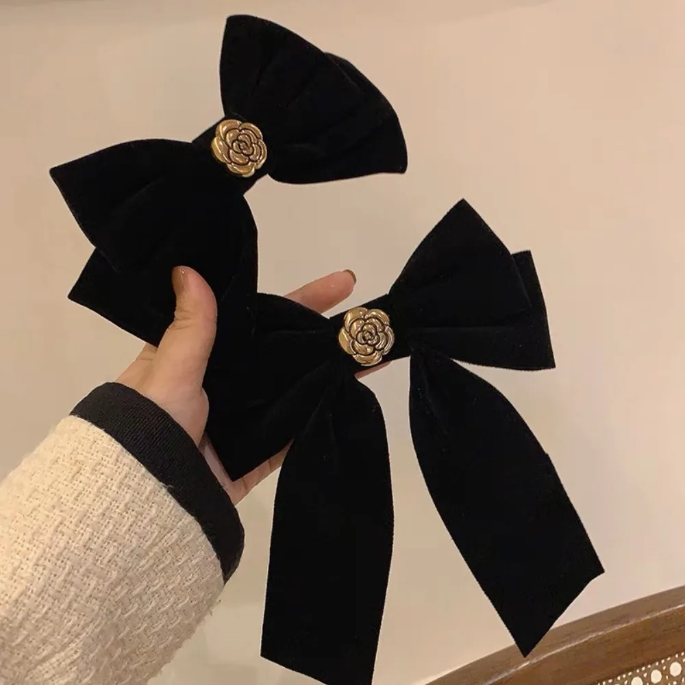 French Black Velvet Bow Hair Clip Camellia Retro Velvet Ribbon Hairpin Duckbill French Bow Tie Spring Clip High End Headdress