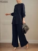 ZANZEA Stylish Autumn Lapel Neck Long Sleeve Shirt Pant Sets Women 2 Piece Sets Muslim Outfits Casual Solid Work Tracksuit 2025