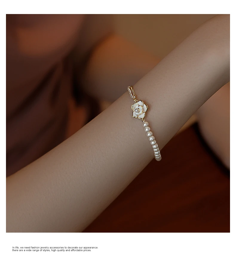 Französische elegante weiße Emaille Kamelie Blume Perle Kette Charm Armbänder für 2024 Damen süße Accessoires Mädchen Handgelenk Schmuck – Detail 5