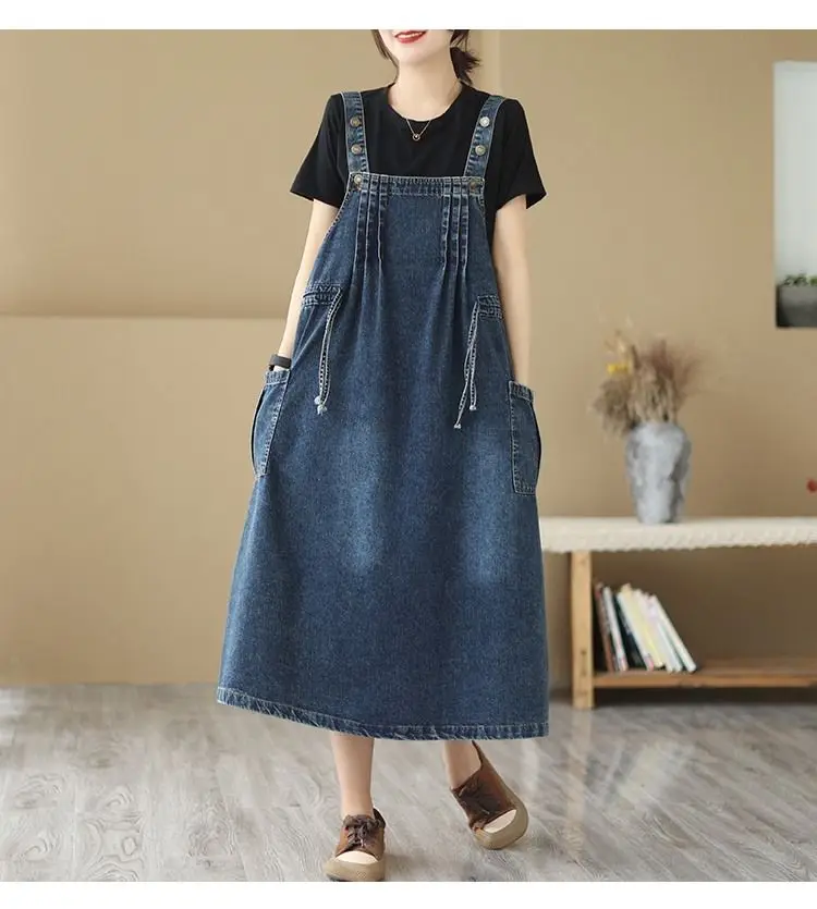 200 Catties Large Size Women's Denim Skirt Female Autumn Blouse Suspenders Skirt Sleeveless Dress Long Suspenders Skirt Female
