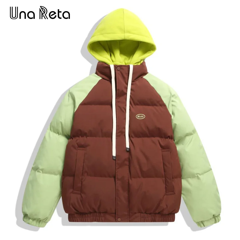 

Una Reta Men's Parkas Winter New Men Clothing Hip Hop Fake Two Pieces Color Stitching Hooded Parka Overcoat Couple Jacket Coat