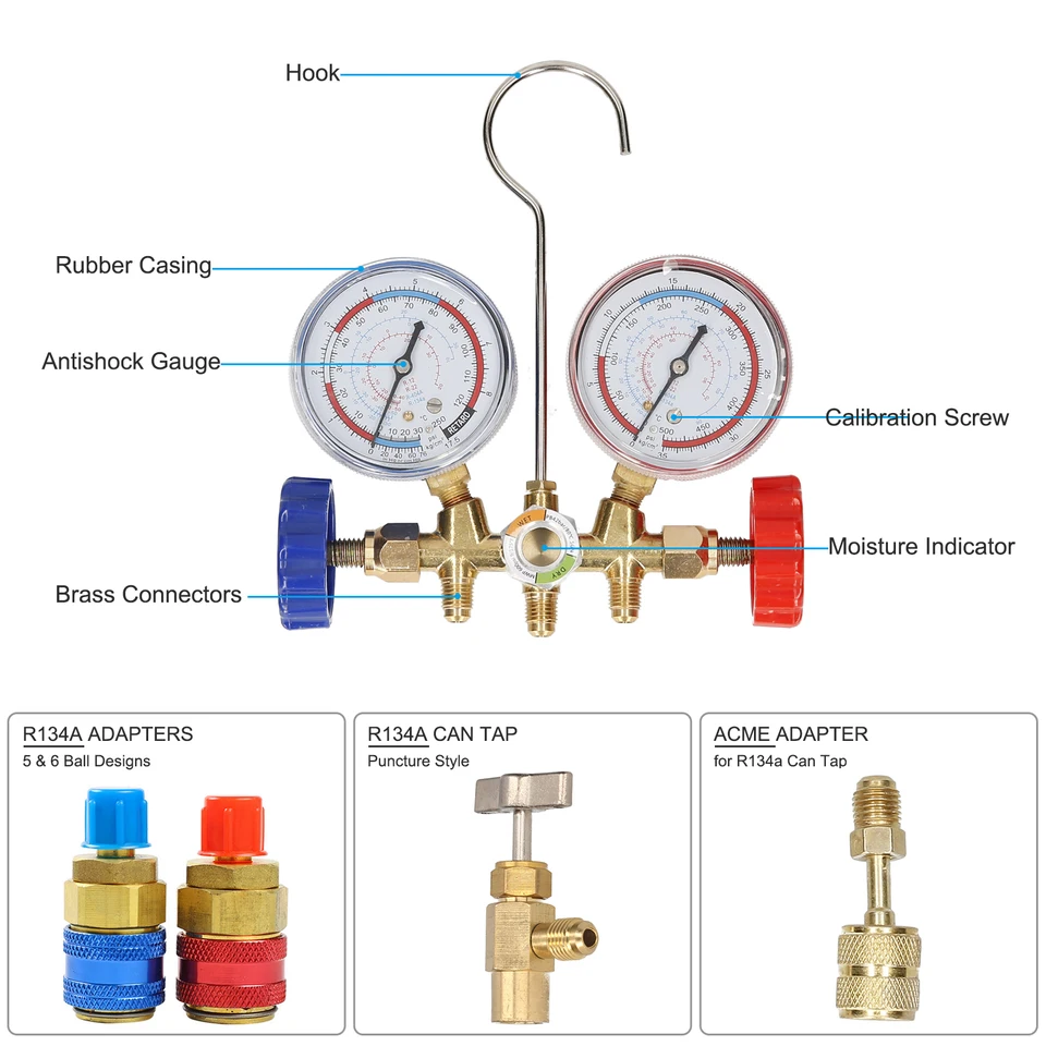 R134A R12 R22 R404A Strumenti Per Refrigerazione Aria Condizionata Set Manometro Diagnostico AC Sn Per Tutte Le Auto A/C Con Tubo Flessibile E Kit Gancio Con Attacco Rapido Laterale Alta/bassa Pres - Foto 13