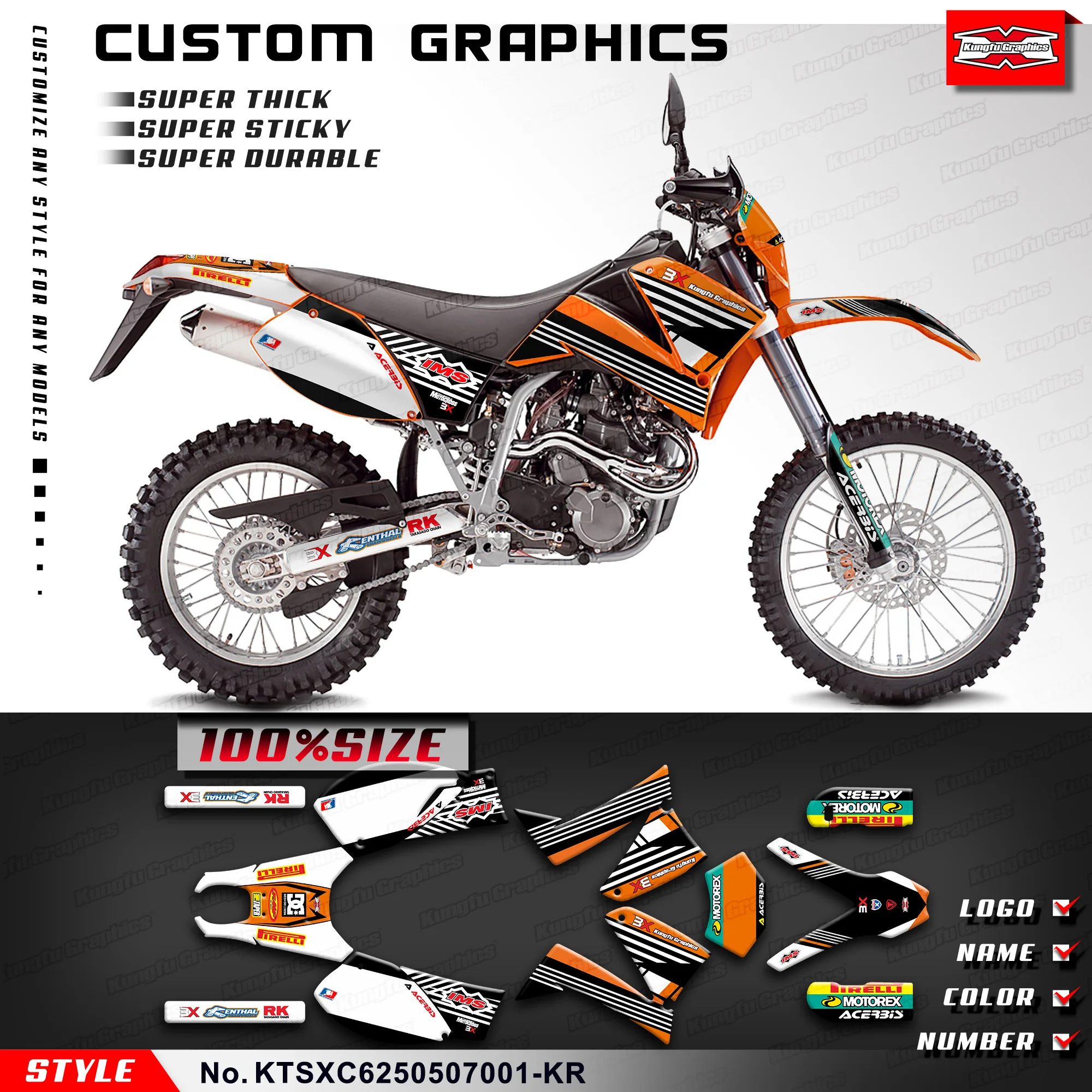 

Графика KUNGFU наклейка на мотоцикл Full Wraps для KTM SXC 625 2005 2006, KTSXC6250507001-KR