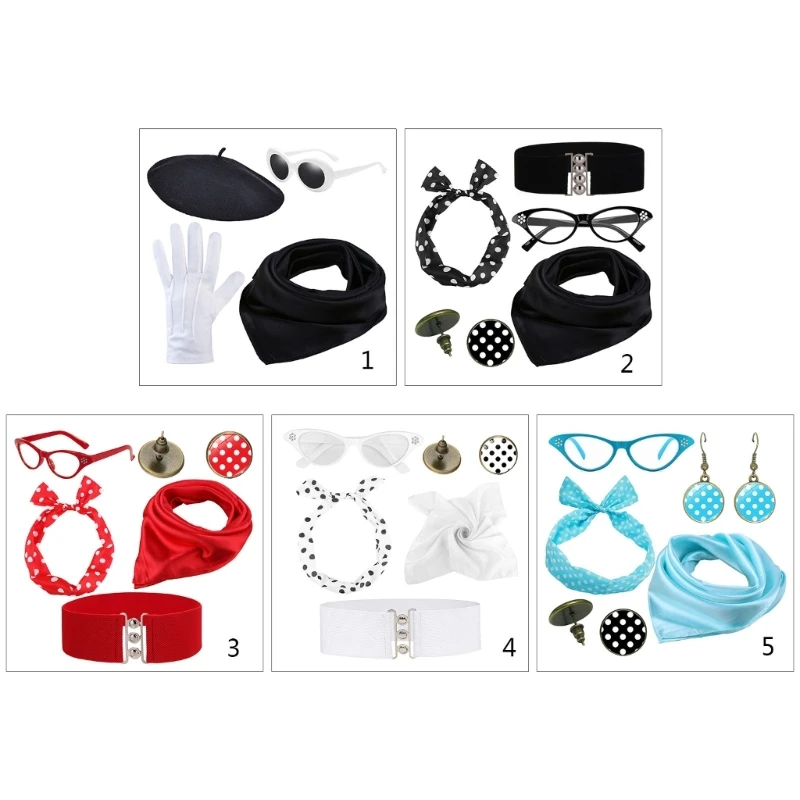 

1950s Set Scarf for Cat Eye Eyeglasses Tie Headband Earrings for Women