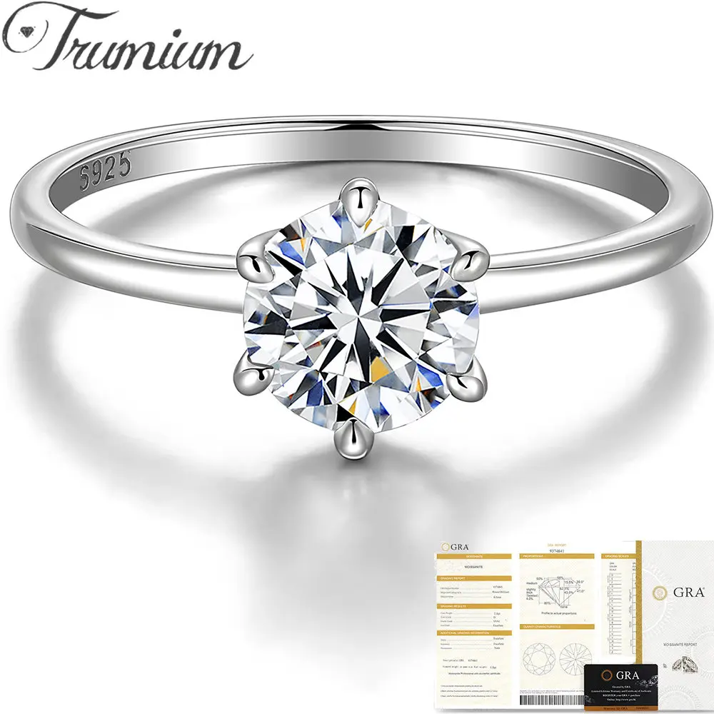 Trumium-D Cor Anel Moissanite para Mulheres, Anéis de Diamante, Prata S925, Noivado, Bandas de Casamento, Jóias Finas, 0,5 Ct, 1 Ct