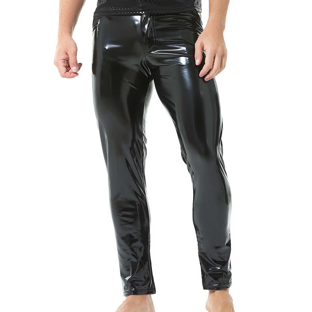 Men PVC Leather Straight Pants Sexy Male Leather Trousers Pants Skinny Nightclub Wear Party & Dance Performance Costume Trousers