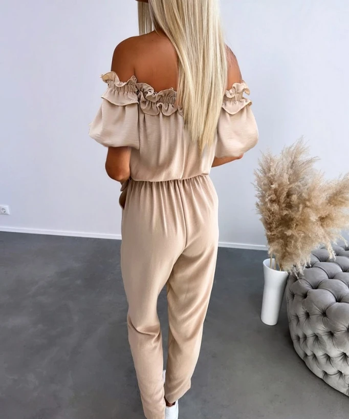 Women Casual Jumpsuit 2024 Spring Summer Latest Off Shoulder Frill Hem Tied Detail Romper Short Sleeve Pocket Vacation Bodysuit