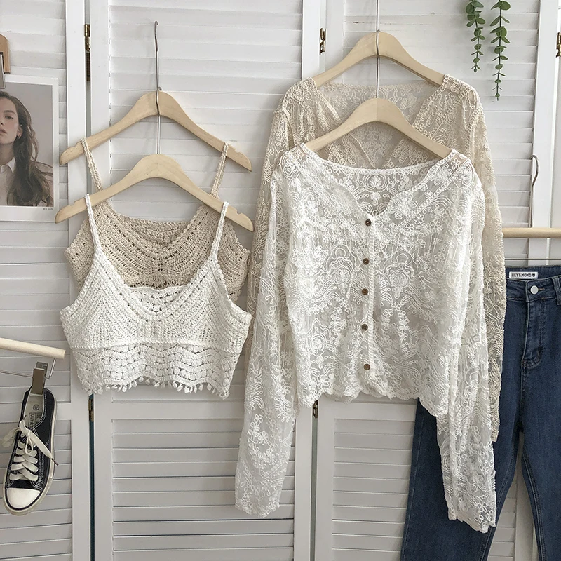 OUMEA Summer long sleeve V neck knit cardigan lace coat female hollow short horn  sunscreen sexy sleeveless halter two sets