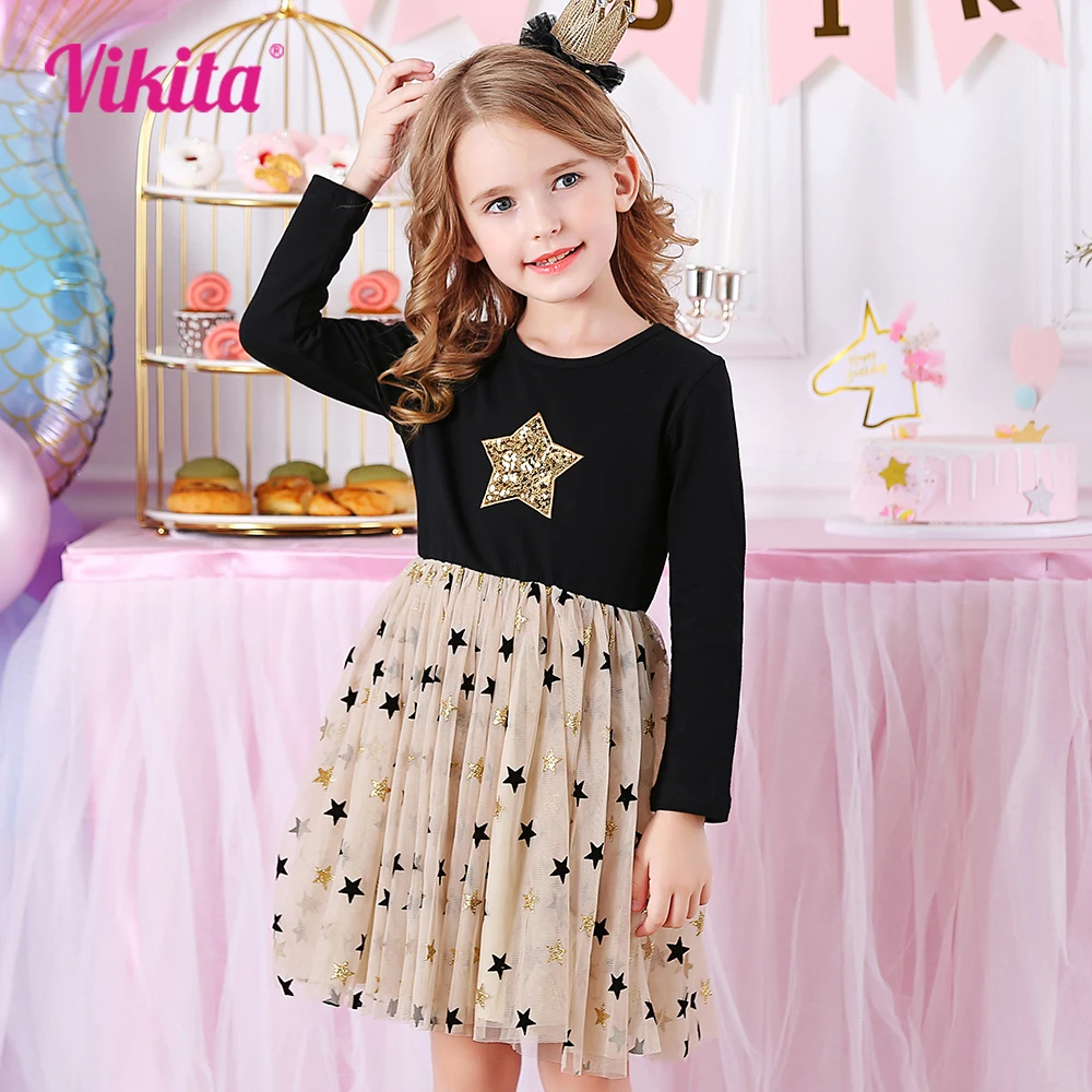 VIKITA Kinder Herbst Kleider für Mädchen Stern Pailletten Prinzessin Kleid Mädchen Langarm Party Vestidos Mädchen Kleid Kinder Kleidung