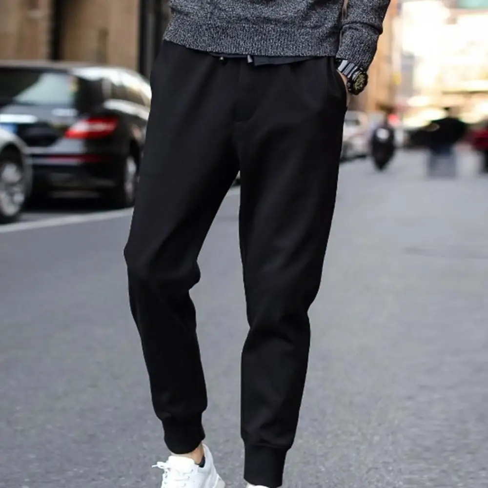 Men Casual Pencil Pants Pockets Sports Pants Drawstring Waist Ankle Tied Fitness Long Pencil