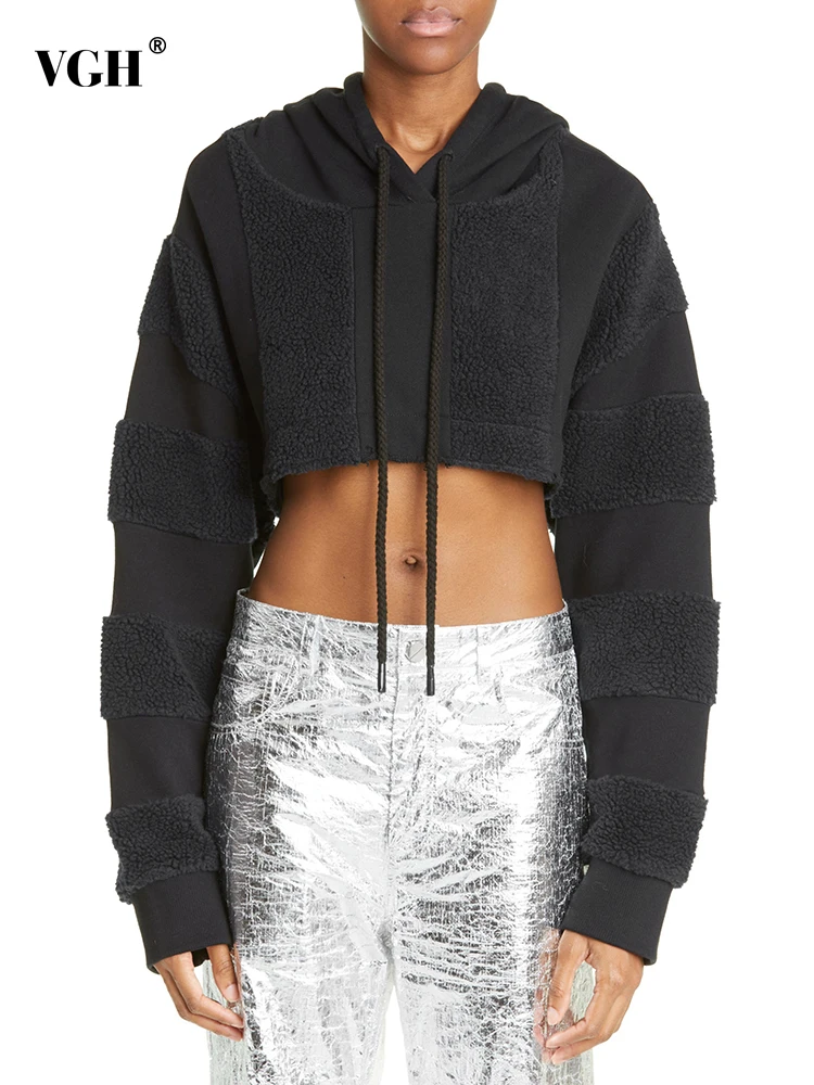

VGH Patchwork Lambswool Casual Short Sweatshirts For Women Hooded Long Sleeve Minimalist Loose Pullover Sweatshirt Female Style