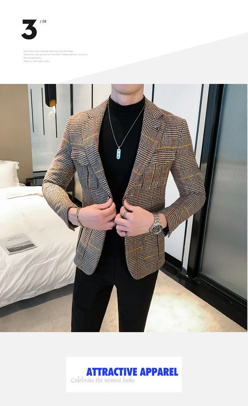 men blazer Plaid Vintage Blazer British Stylish Male Blazer Suit Jacket Business Casual Blazer Jacket Terno Masculino Mens Blazer Pattern casual blazer for men