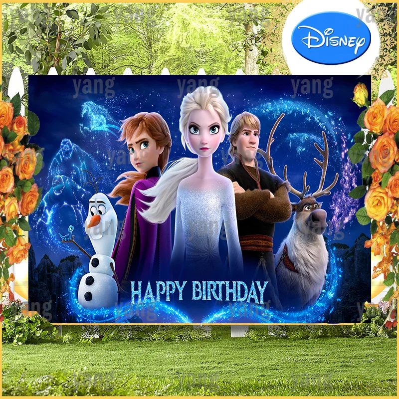 Disney Custom Cartoon Frozen Princess Elsa Anna Sven Olaf Birthday Party Blue Glitter Background Photography Background