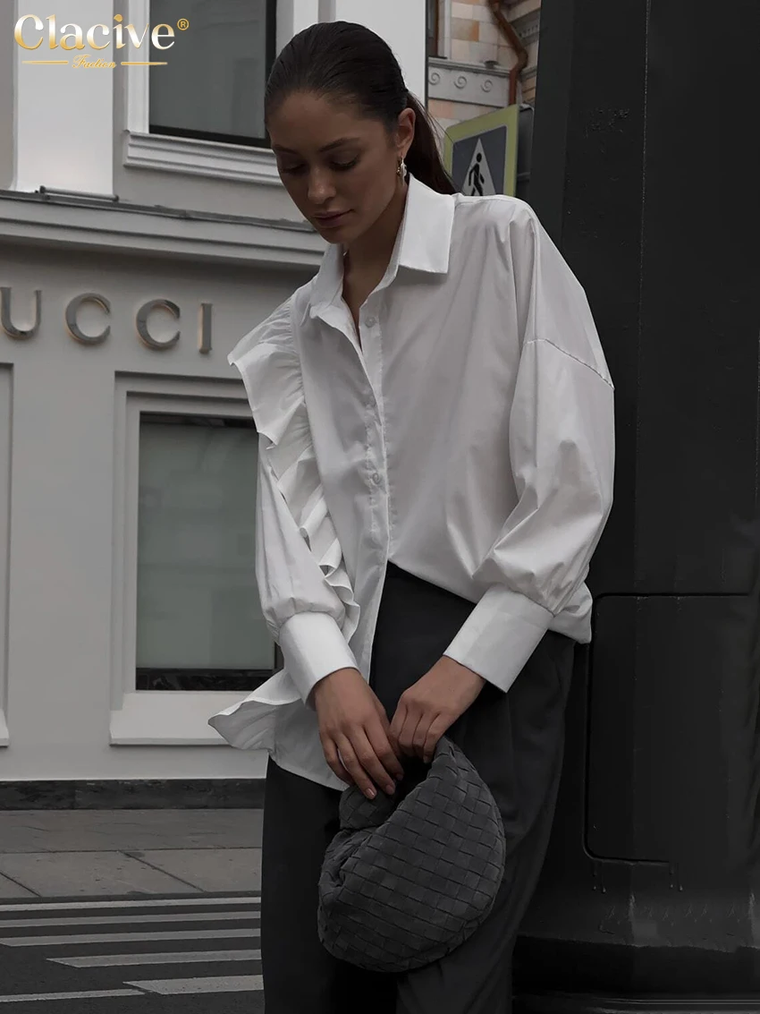 Clacive Fashion White Cotton Woman Blouse 2023 Elegant Lapel Long Sleeve Office Shirts Casual Chic Ruffle Tops Female Clothing