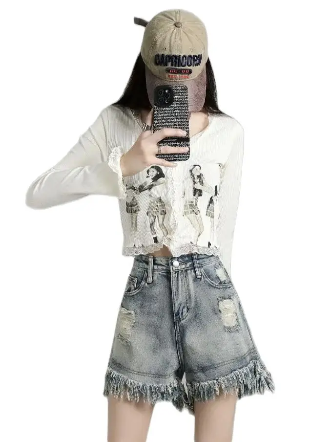 Summer Women's Light Blue High Waist Zippered Denim Workwear Shorts Retro Casual Fashion Female Clothing Jeans Pants