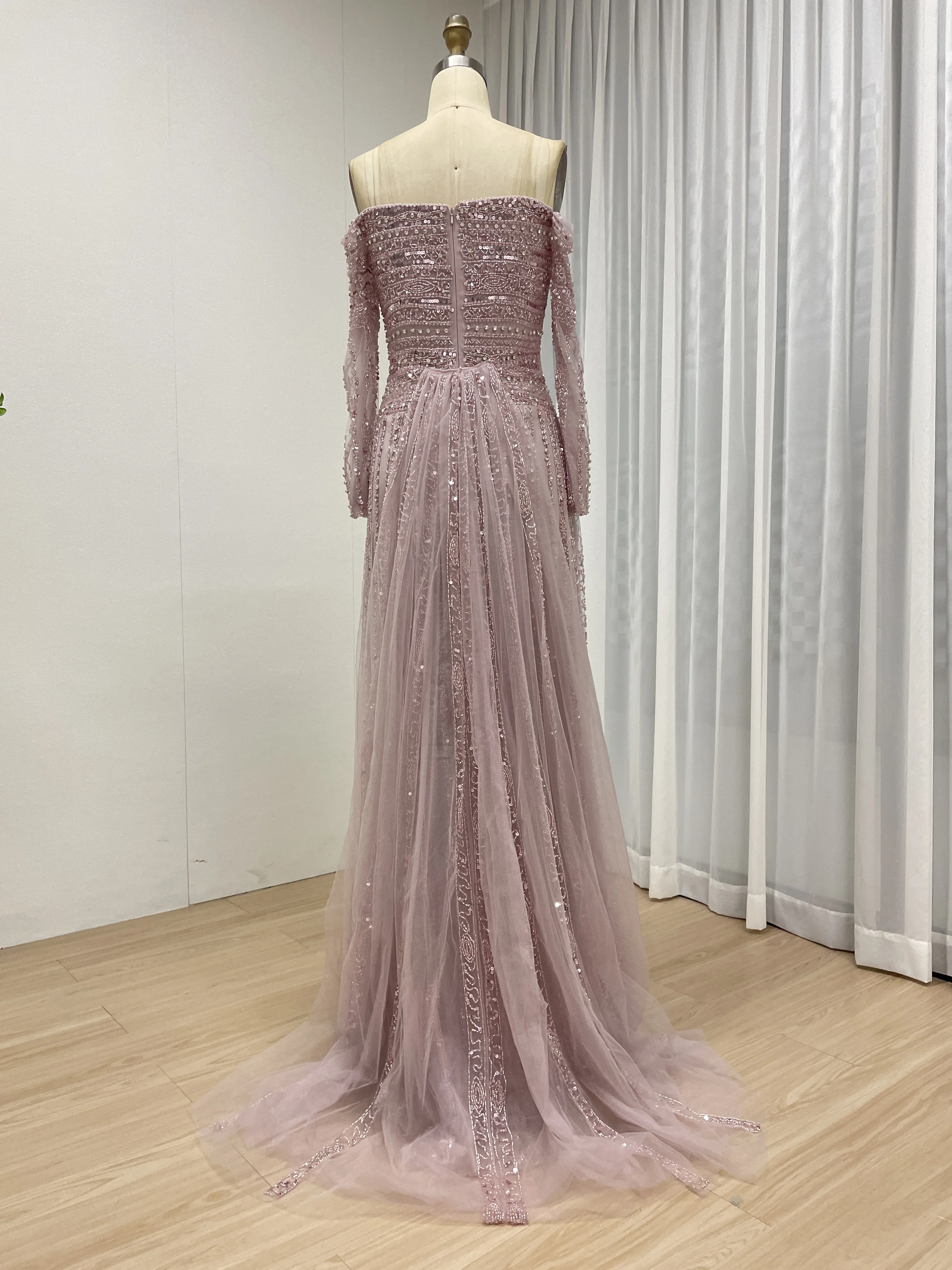 MYMB neues luxuriöses schulterfreies Meerjungfrau-Abendkleid mit Karamellperlen und langen Ärmeln, formell für Damen, Hochzeitskleid MB40385 – Detail 5