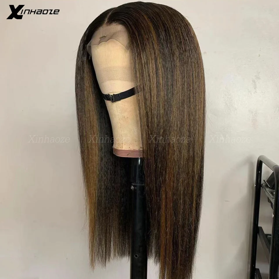 Highlight Kinky Straight Light Italian Yaki 13x6 Front Human Hair Wig Preplucked 180% Light Yaki Silk Top Human Hair Wigs