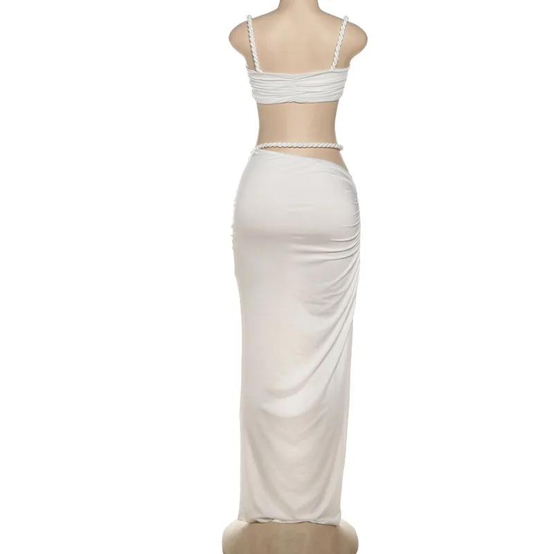 Women's Clothing Sexy Solid Color Backless Small Tank Top Hip Wrap Skirt 2 Piece Set Pleated Maxi Dress Party Suits