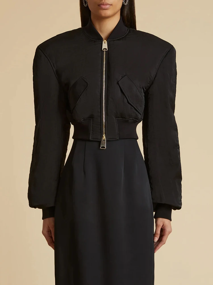 

Threaded Slim stand-up collar cotton jacket simple casual versatile double zipper design long-sleeved short Woman clothing