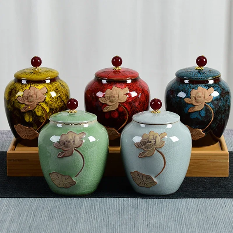 Kiln Change Lotus Celadon Ge Kiln Ceramic Tea Seal Pot Pu'er Moisture-proof Storage
