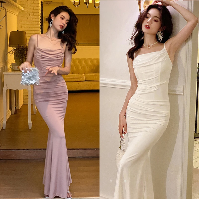 

French Sexy Evening Strap Mermaid Dress Bodycon Elegant Summer New Fashion Party Robes Ladies White Women Pleated Club Vestidos