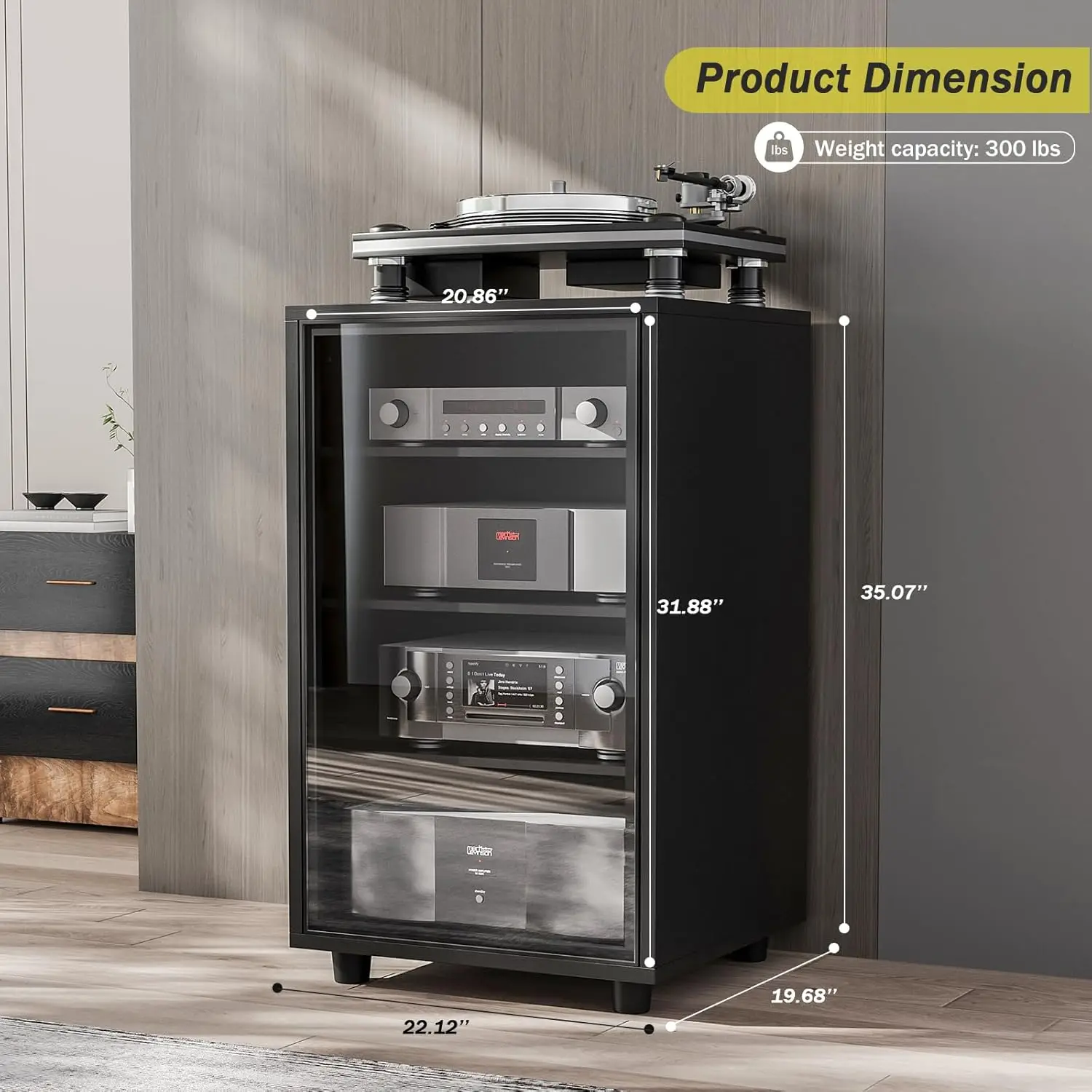 Media Storage Cabinet with Tempered Glass Door, 3 Adjustable Shelves Stereo Cabinet with Cable Management, AV Rack