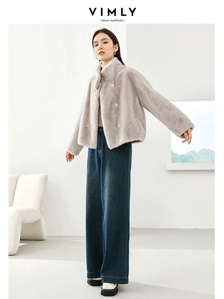 Vimly Gray Cropped Faux Fur Coat 2023 Winter Warm Stand Collar Fluffy Jacket Elegant Long Sleeve Overcoats Female Clothes 50761