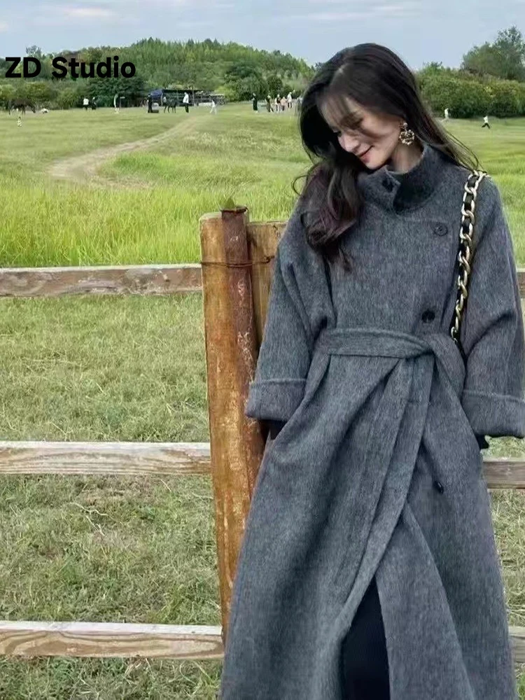 

[ZD Studio] High End Double-sided Cashmere Coat, Women's Long Style, Single Breasted, Solid Color, Korean Version Wool