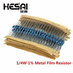 100PCS/Set 1/4W Resistance 1% Metal Film Resistor Pack Assorted Kit 1K 2K 4.7K 10K 100K 220K 220ohm 330ohm 680ohm 1M Resistors