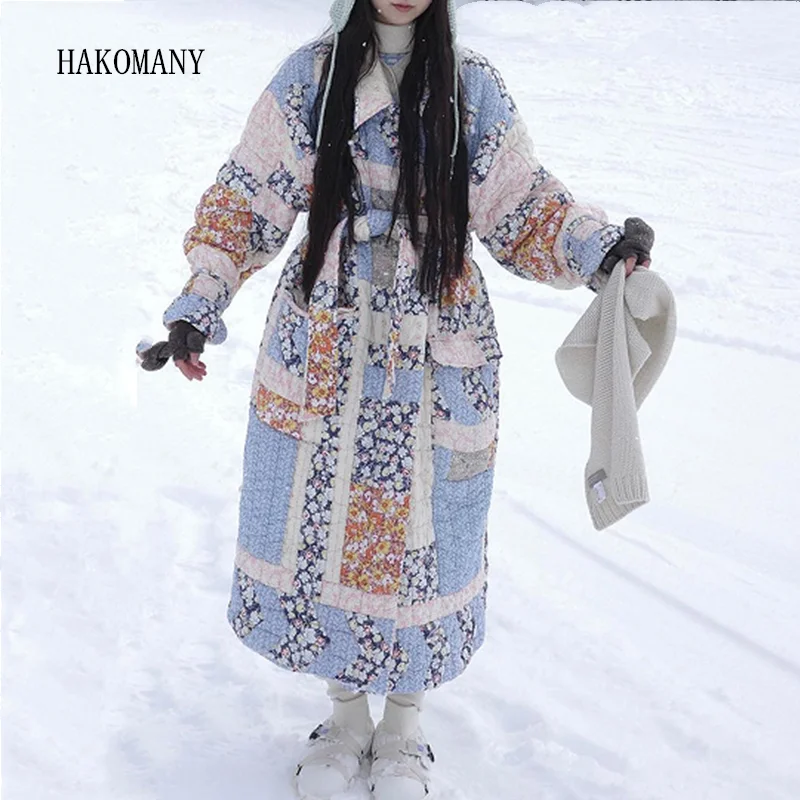 

2023 Women Full Sleeve Tide Bow Sashes Outerwear Winter Ethnic Contrast color Geometric Flower Print Extra Long Quilted Coat