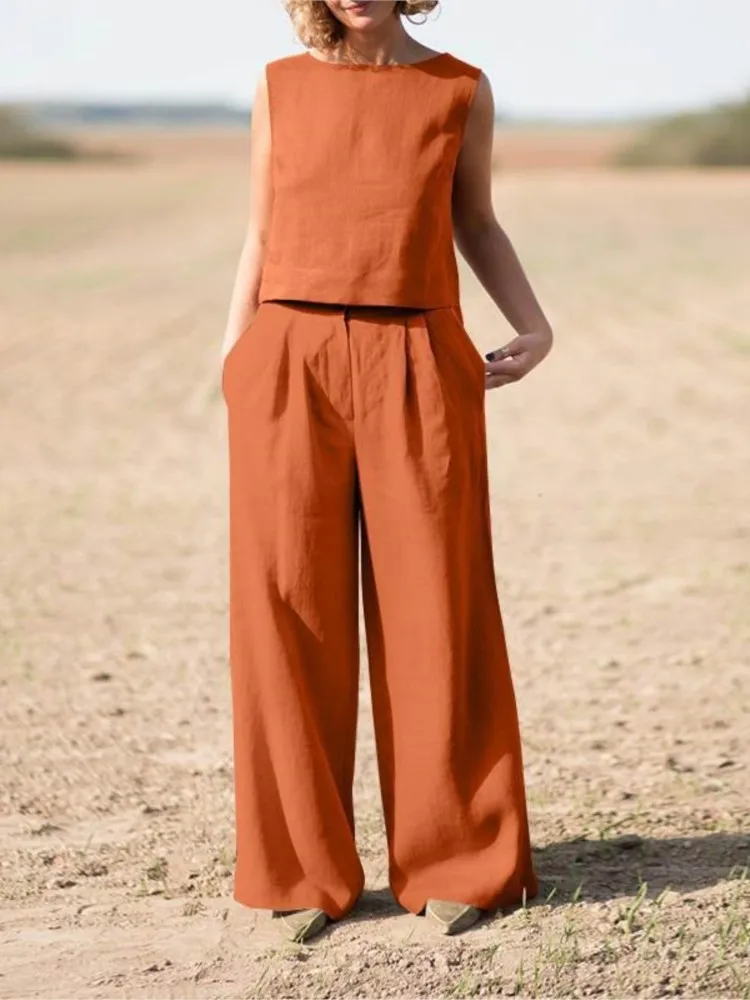 Solid Color Cotton And Linen Pant Sets Women Sleeveless Cropped Tops And High Waist Wide Leg Pants Two Piece Set Fashion Vintage