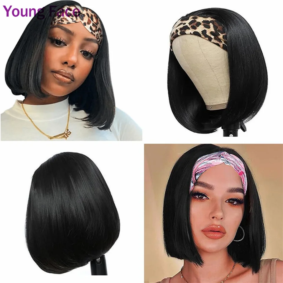 Bob Headband Wig Human Hair Straight 16 Inches Remy Human Hair Wig With Headband For Women Machine Made Short Bob