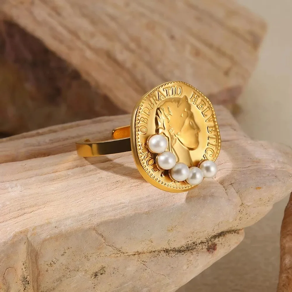 Vintage Virgin Mary Open Ring Women Stainless Steel Gold Pearl
