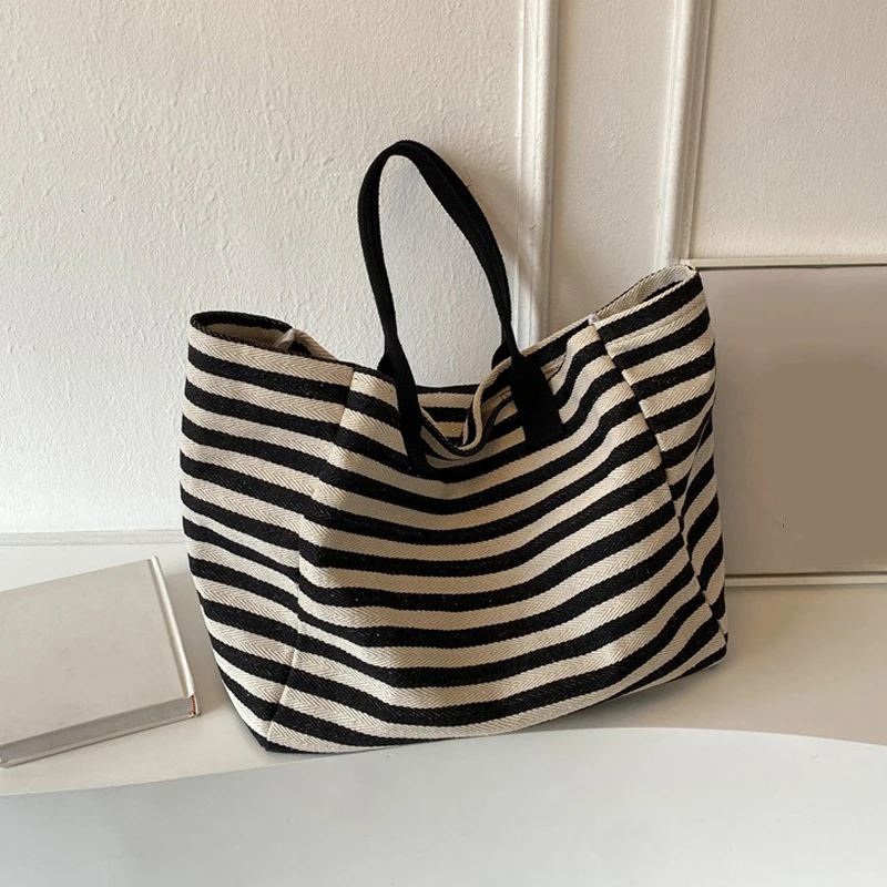 Women Canvas Shoulder Bag Ladies Shopping Bags High Quality Handbags Simple Stripe Design Tote Books Bag For Girls