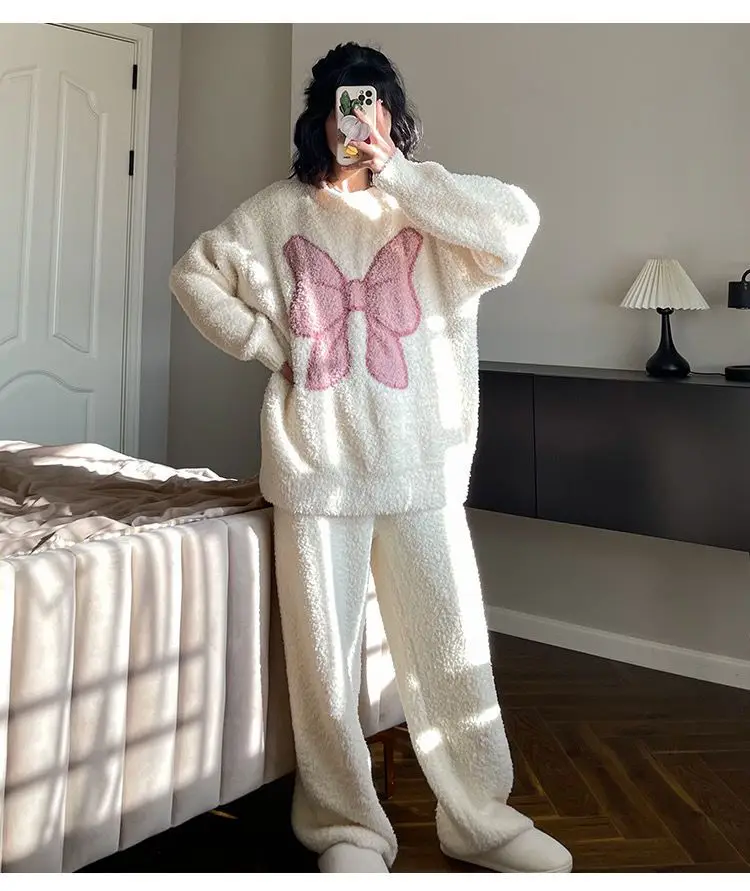 Yasuk Autumn Winter Fashion Women's Casual Lovely Bow Sweet Girl Warm Soft Sleepwear Loose Pajamas With Pants Flannel Pullover