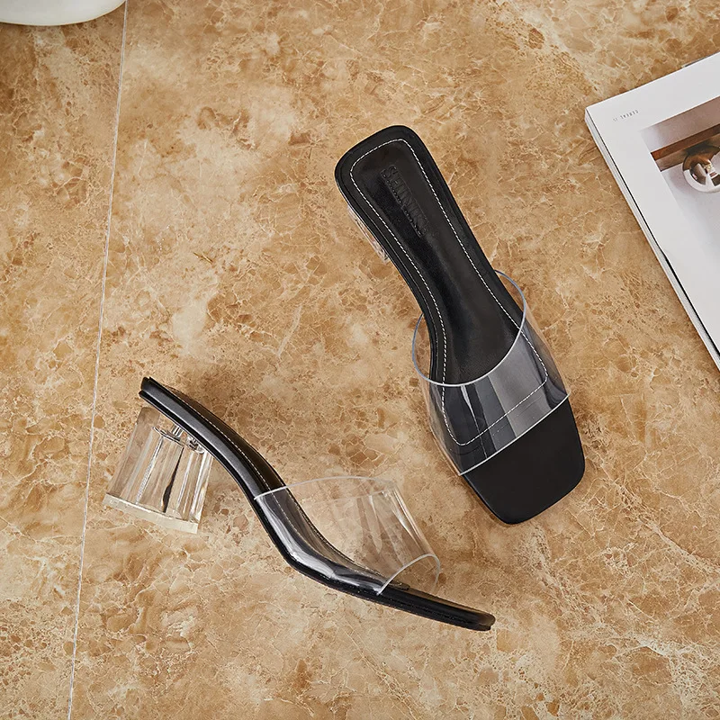 Trendy New Summer Women Sandals Sexy Transparent Crystal Heel Slippers Shoes Woman High Heels Square Toe Lady Pumps Mules