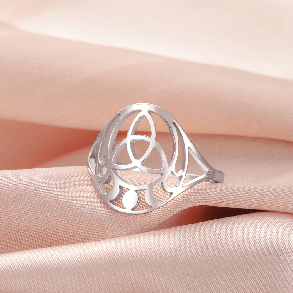 Dawapara Triquetra Trinity Knot Ring Celtics Knot Mondphase Mondsymbol Geometrischer Ausschnitt Edelstahl Wicca Fingerring – Detail 9