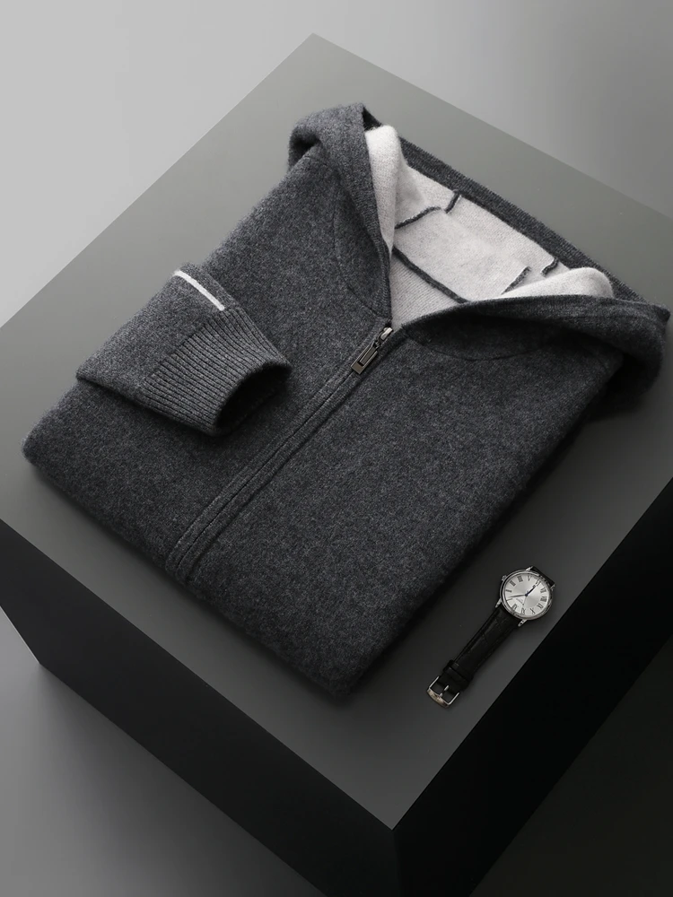 Men's Zipper Jacquard Hooded Cardigan Light Luxury 100% Cashmere Sweater Autumn Winter Casual Coat Knitwear Comfortable Tops 5