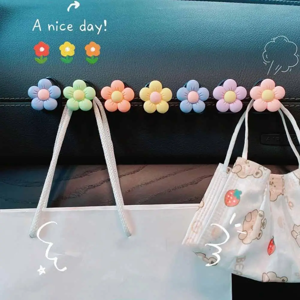 

Cartoon Flower Car Interior Storage Hook Front Row Strong Adhesive Hook Kawaii Cute Flower Car Storage Decoration Accessories