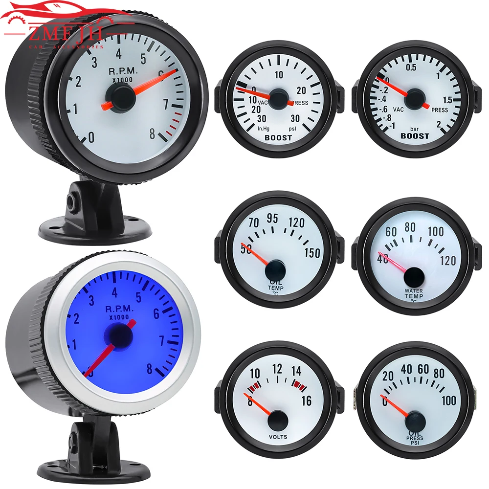 52mm Tachometer Voltmeter Boost Gauge PSI/Bar Water Temp Oil Temp Oil