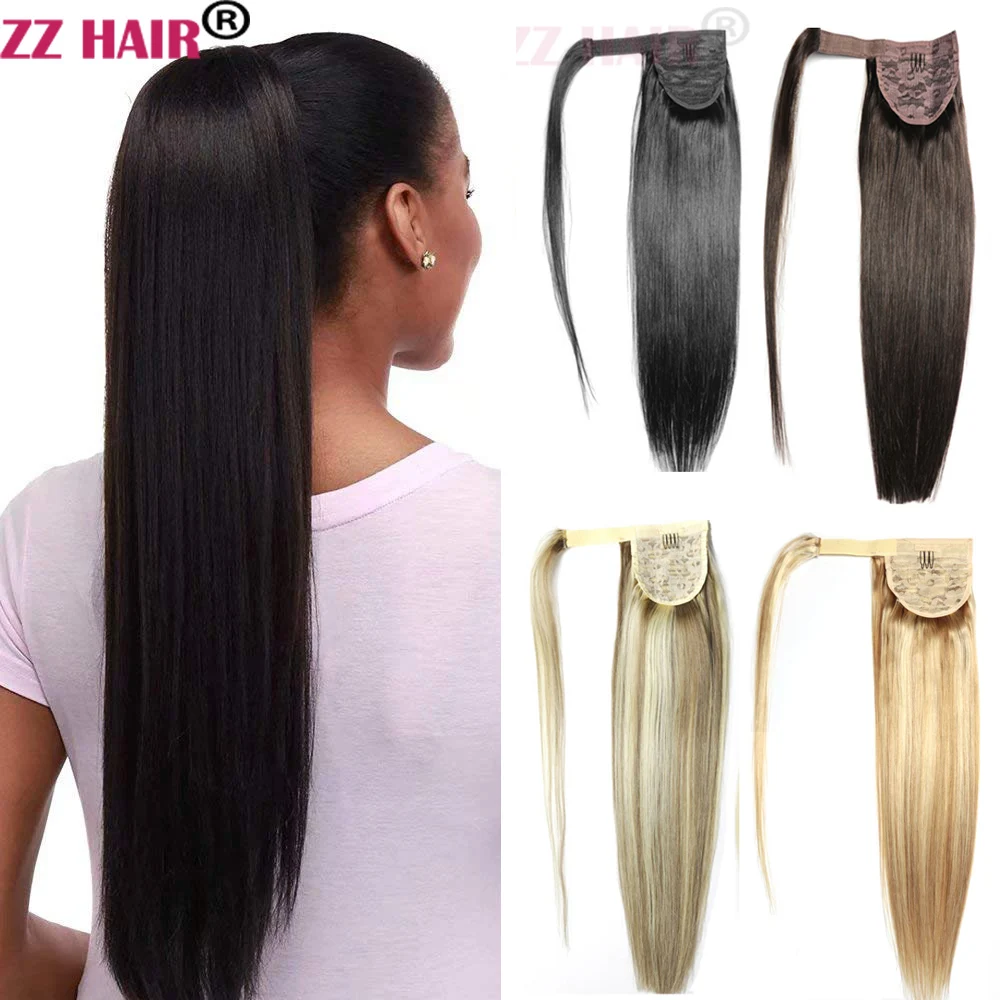 ZZHAIR Human Hair Extensions 16"-26" Magic Wrap Around Ponytail 140g Clip In Machine Made Remy Horsetail Stragiht