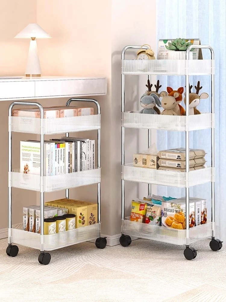 Transparent Storage Rack Snack Cart Acrylic Bedroom Floor to Floor Movable Bathroom Multi-layer Cosmetic Storage Bookshelf