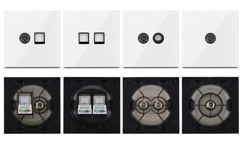 Rewnssin Light Switches and Sockets All Series Glass White Modern Style Random Click Push Button ON OFF EU Outlet Cat5e Socket double light switch