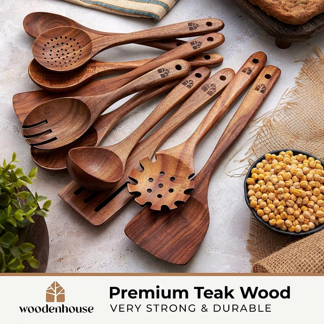 Spoons for Cooking, 10 Pcs Teak Wood Cooking Utensil Set - Wooden