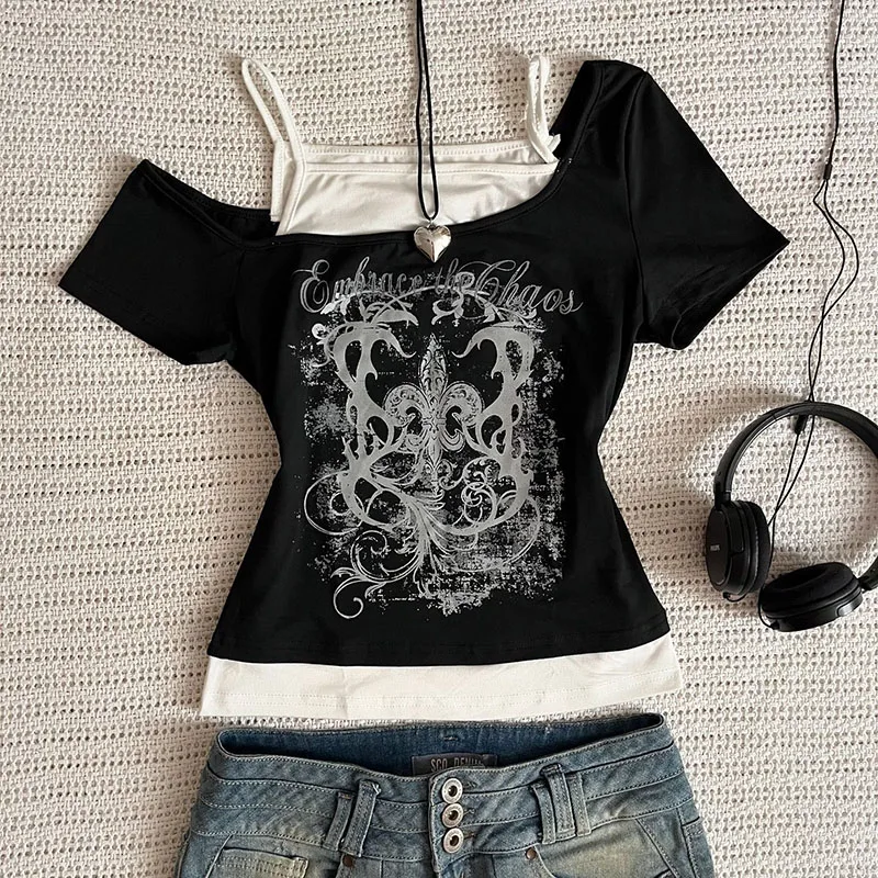 Y2k Slim Fit Print Tops Women Off Shoulder Short Sleeve Tee Shirt Neploe American Vintage Fake Two Piece Halter Lace Up T-shirts 6
