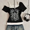 Y2k Slim Fit Print Tops Women Off Shoulder Short Sleeve Tee Shirt Neploe American Vintage Fake Two Piece Halter Lace Up T-shirts 6